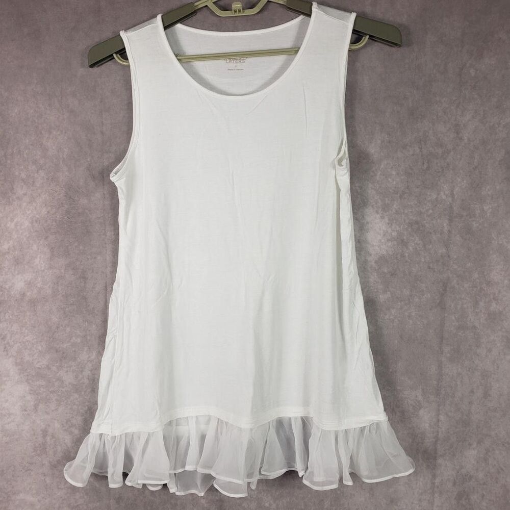 Logo Layers Shirt Womens Small White Sleeveless Tunic Tank Chiffon Hem Top